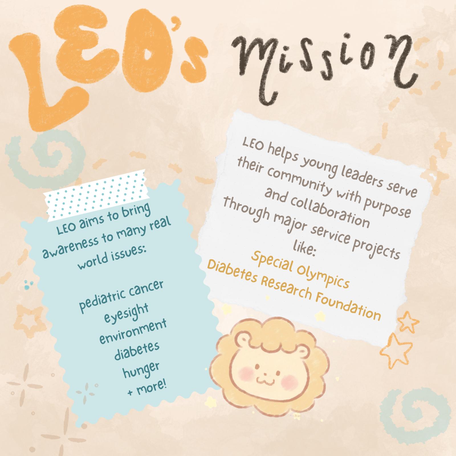 Leo's mission graphic describing service projects with a kawaii lion