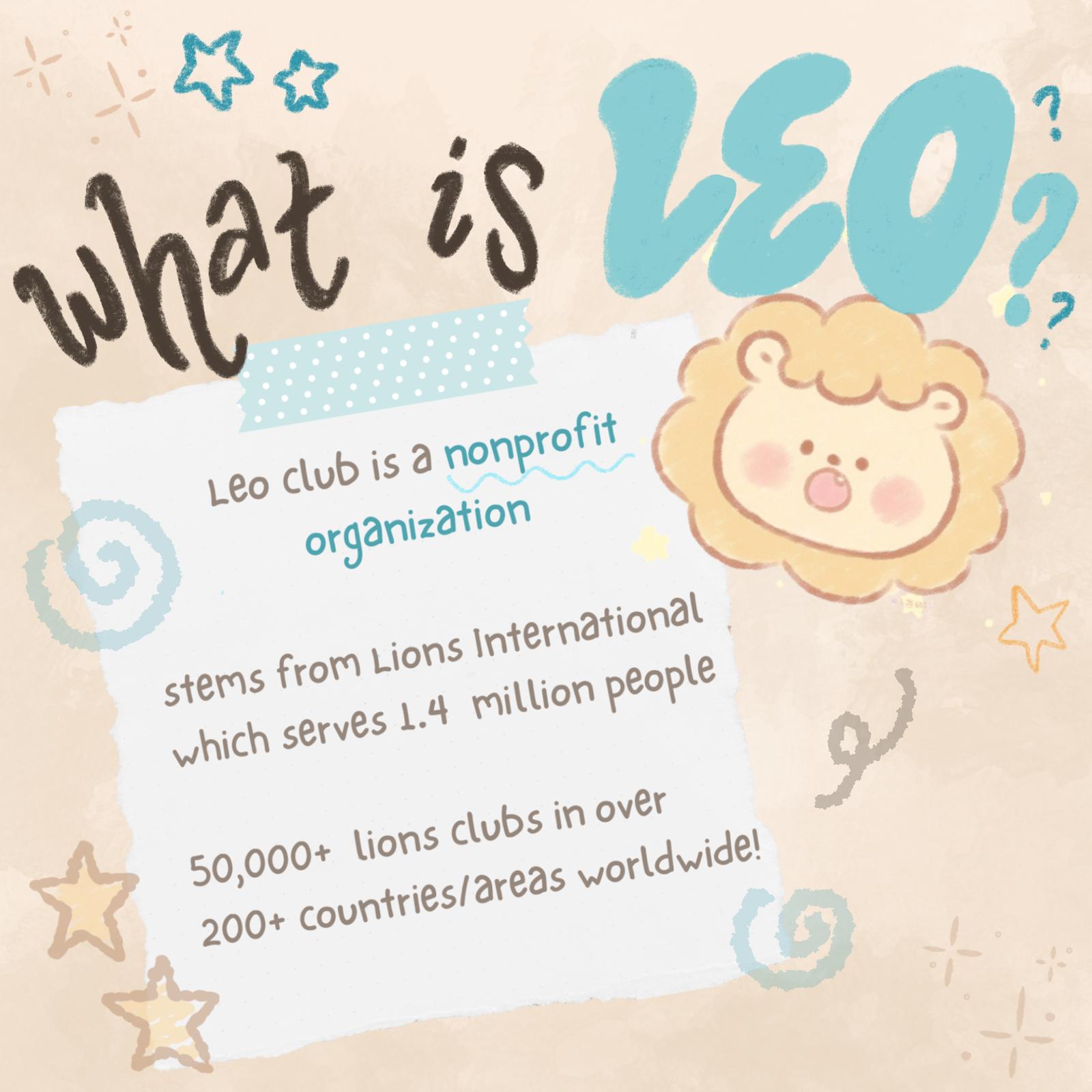 Leo Club explainer graphic with a hand-drawn kawaii lion and the words what is Leo