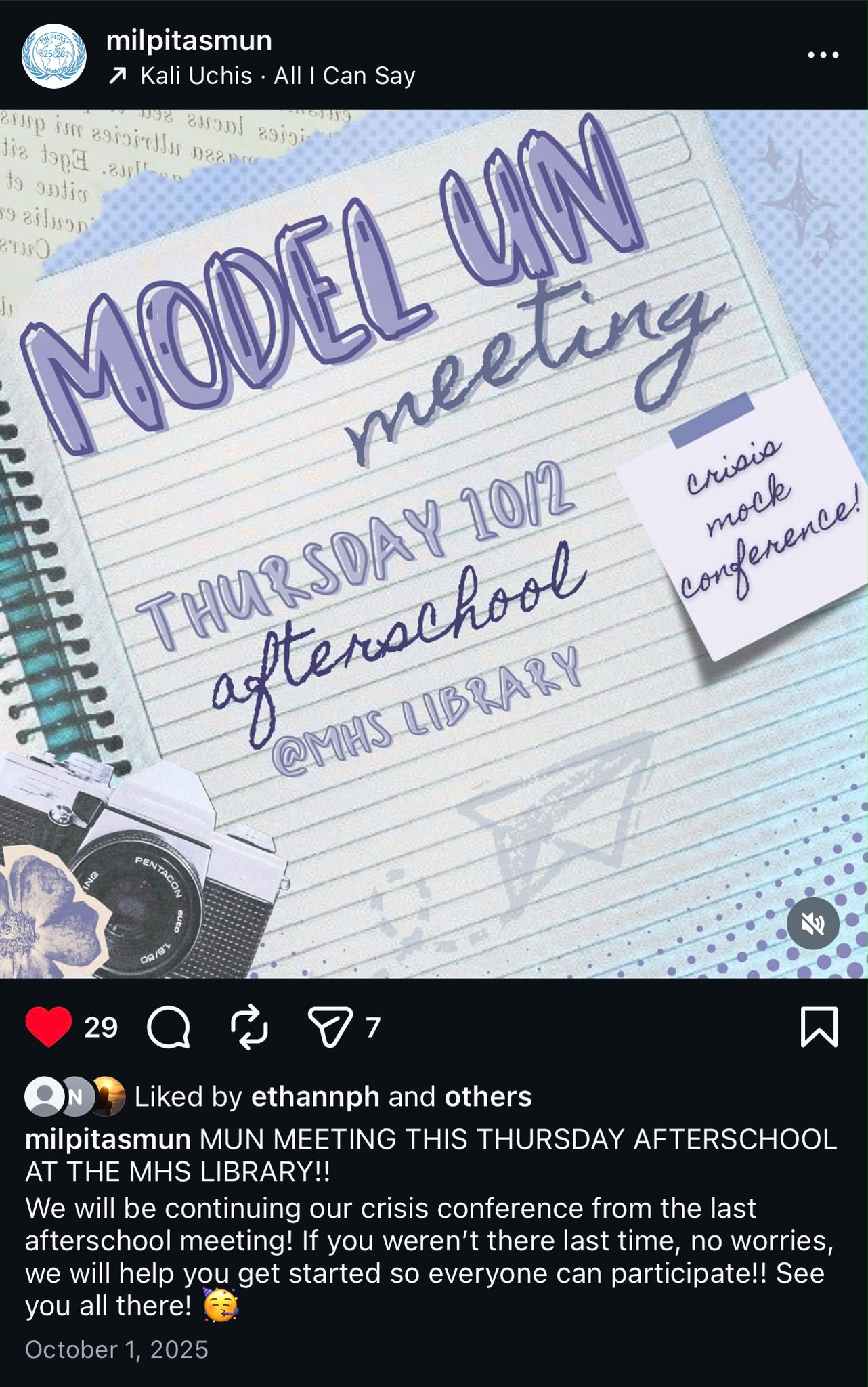 Model UN meeting poster with a lined-notebook and vintage camera collage