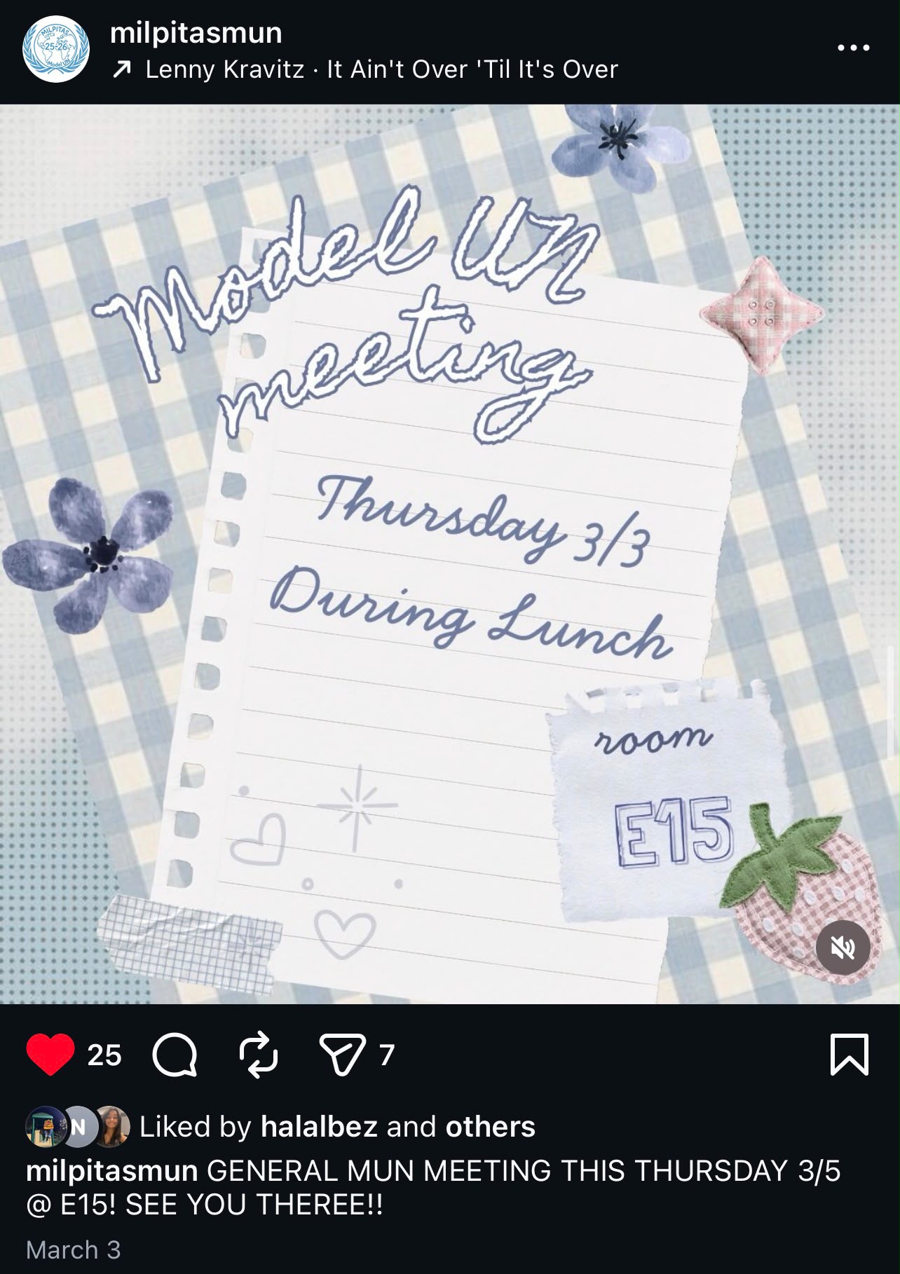 Model UN meeting poster on a gingham background with a torn note reading room E15