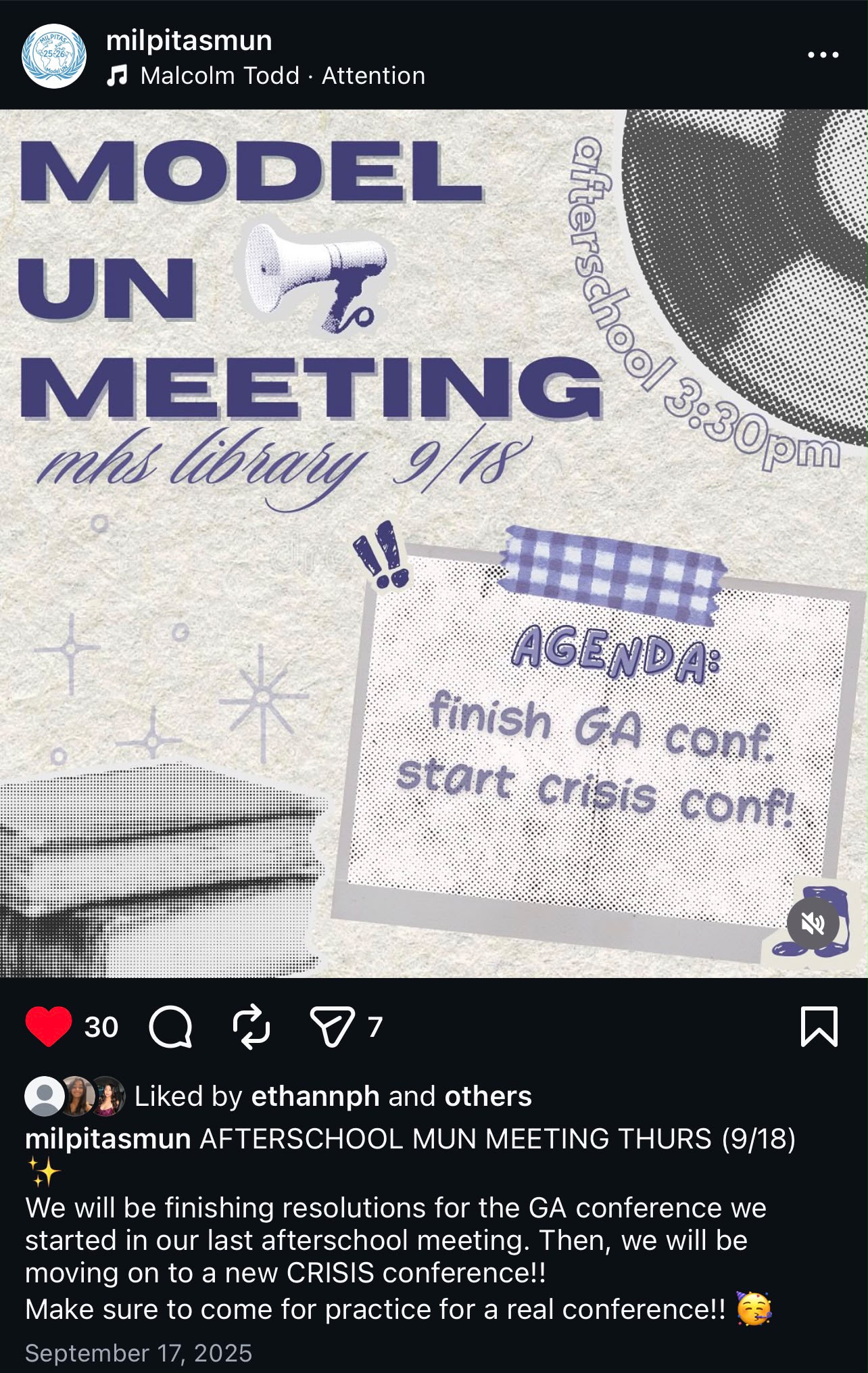Model UN meeting poster with bold type, a halftone globe, and a megaphone