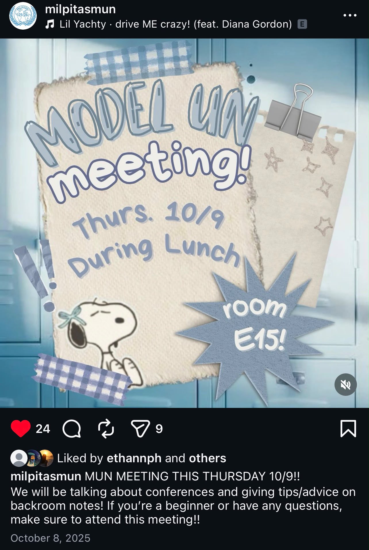 Model UN meeting poster with torn paper, gingham tape, and a Snoopy illustration